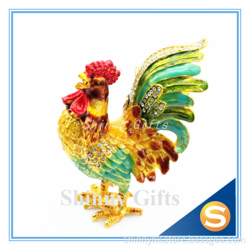 Metal Pewter Rooster Shape Jeweled Enamel Trinket Box